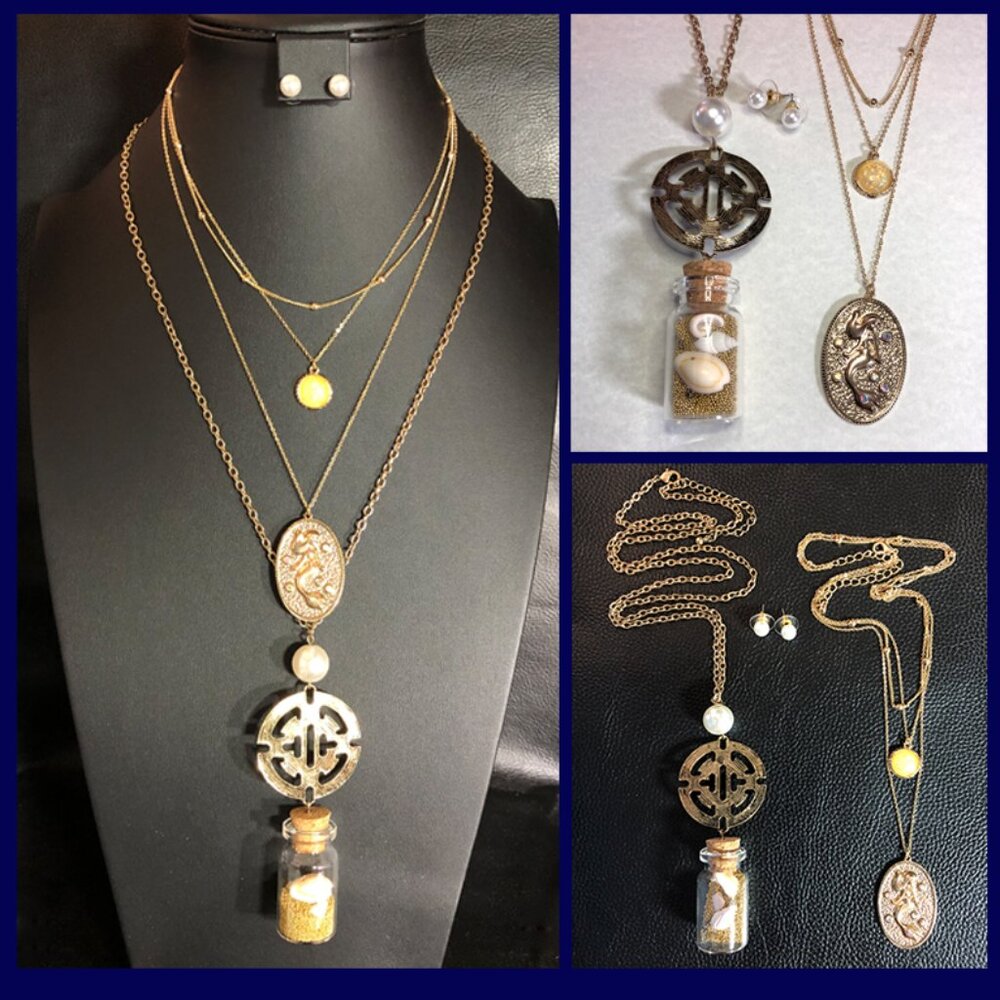 Gold Mermaid Seashell Layered Necklace Beach Wish Bottle AB Rhinestone 3 Pc Set